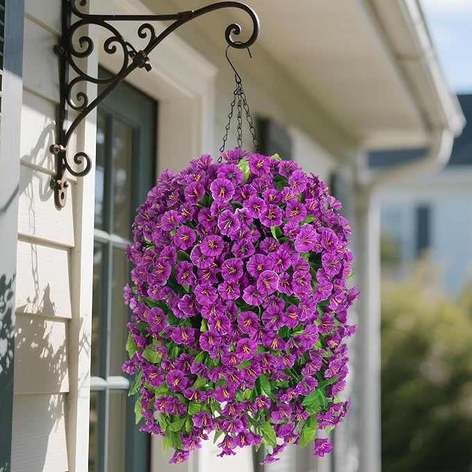 Ammyoo Artificial Faux Hanging Flowers Basket for Spring Summer Outdoor Porch Decor, Fake Silk Colorful Morning Glory Eucalyptus in Planter UV Resistant Look Real for Home Balcony Yard(Darkorchid)