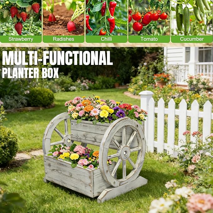 2 Tier Classic Wooden Wagon Planter Box|Outdoor Planter/Flower Pot for Indoor&Outdoor Plants-Rustic Garden Planter for Patio,Porch&Garden Decor- Raised Garden Bed for Succulents,Herbs,Vegetables