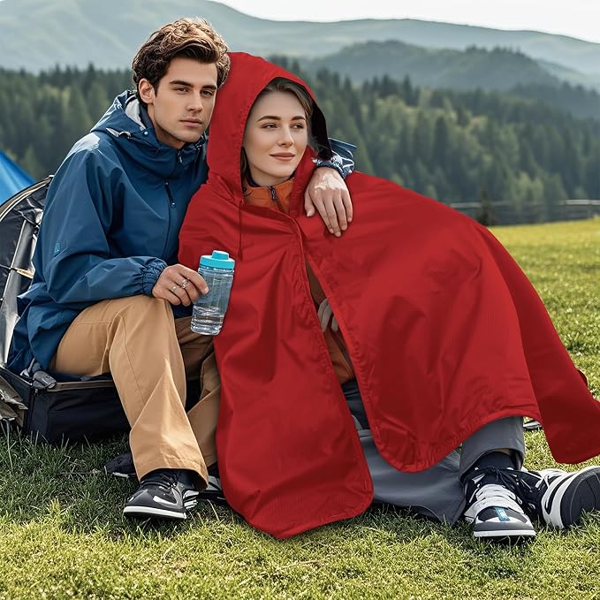 Large Waterproof Outdoor Picnic Blanket 80"x 58" | Windproof Lightweight Stadium Blanket, Packable, Stay Dry and Comfortable for Camping, Sports, Travel - Red Hooded