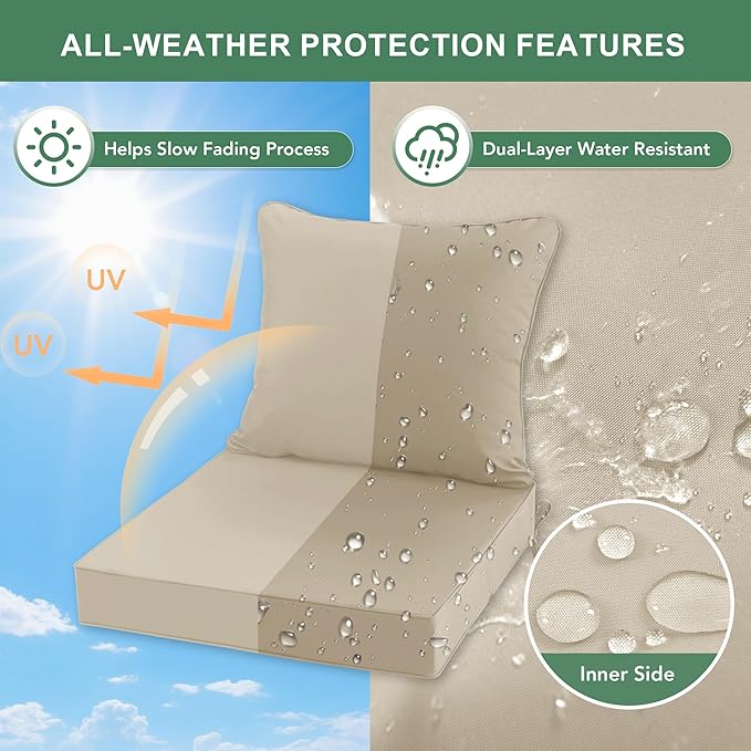 Summsun Outdoor Chair Cushion Weather Resistant, Backrest and Seat Cushion Set for Patio Furniture with Water Resistant Removable Cover, 19 x 19 Inch, Cream, 1 Set