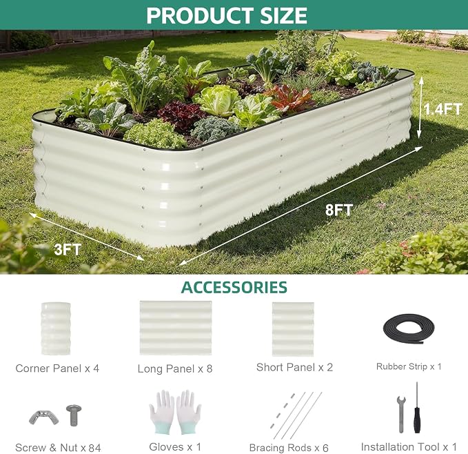 5 in 1Galvanized Raised Garden Bed - 8x3x1.4ft Modular Garden Planter Bed Outdoor | Steel Raised Bed Kit with Bracing Rods, Gloves for Gardening Vegetables Fruits and Flowers - White