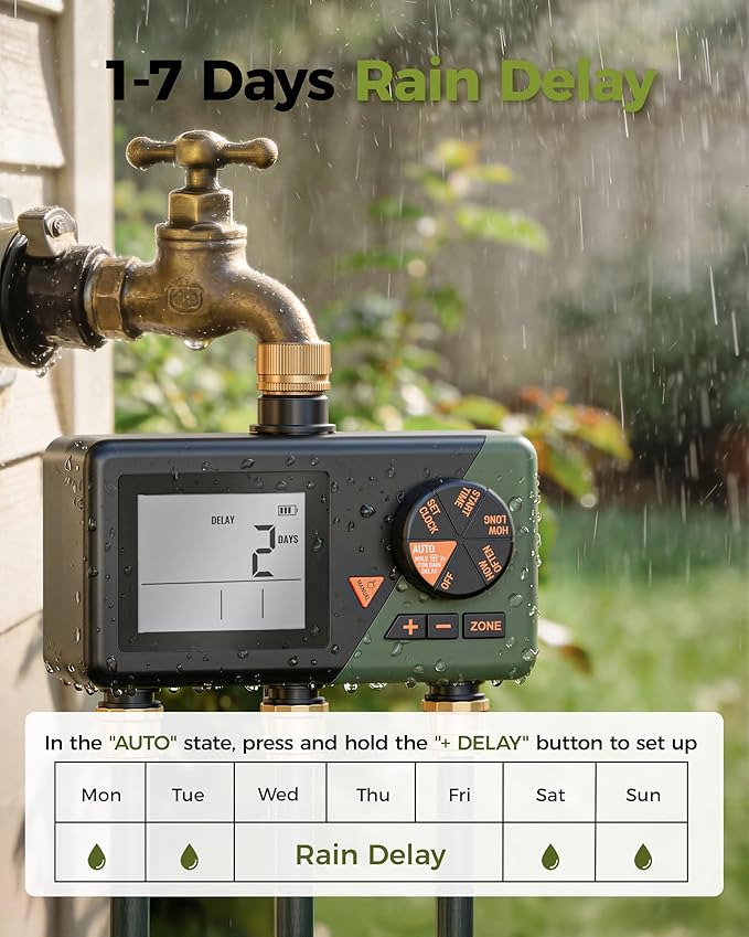 Diivoo Sprinkler Timer 3 Zone, Water Hose Timer 3 Outlets for Garden, Programmable Automatic Irrigation with Rain Delay, Manual/Auto Mode Watering, IP54 for Lawn, Yard, Pool