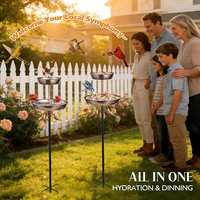 43" 2-Tier Metal Bird Bath and Feeder for Outdoor, 12" and 8" Dia Double Removable Bowl Bird Baths for Outside Standing Vintage Birdbath with Two Bowl Feeder, Garden Patio Lawn Decor