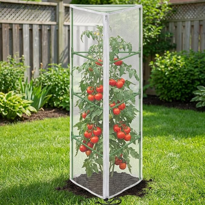 4 Pcs Garden Bird Netting for Triangle Plant Cage, 59" x 20" x 20" Tomato Cage Garden Net Cover with Zipper, Tomato Trellis Insect Bird Barrier Protection Mesh for Vertical Climbing Plant Vegetable