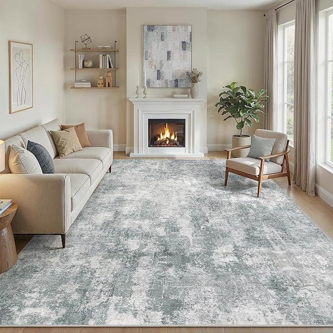 10x12 Area Rug Washable Abstract Rugs for Living Room Grey | for Bedroom, Dining Room, Office, Nursery, Soft Neutral, Low Pile Non-Slip, Kid Pet Friendly, Large Indoor Carpet, Home Decor