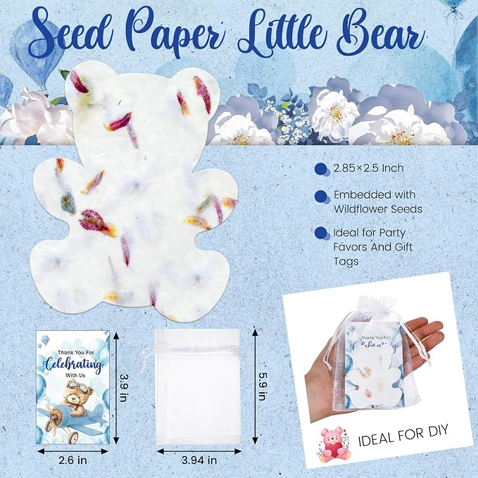 Dunzoom 50 Sets Baby Shower Party Gifts for Guests Little Bear Shaped Seed Paper Handmade Flower Petals Tags Plantable Wildflower Seed Paper Recycled Thank You Cards and Organza Bags for Party Favors