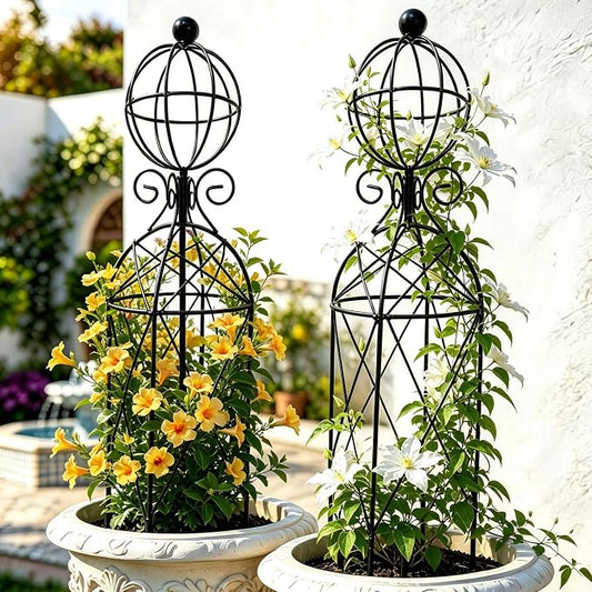2-Pack Metal Garden Obelisk Trellis, 28" Geometric Sphere Plant Support | Tool-free assembly; fits 9–12in planters, metal obelisk for roses clematis mandevilla vines, 2-pack black outdoor décor