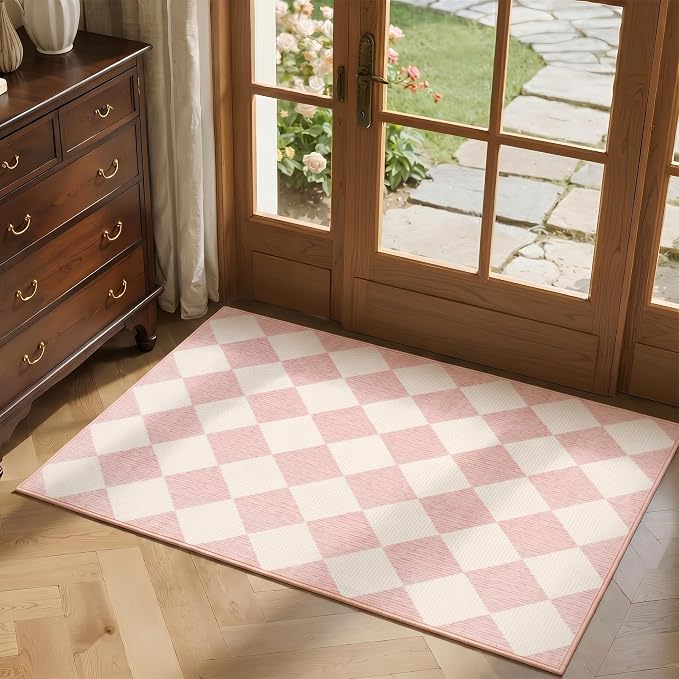 GarveeHome Checkered Entryway Rug 2x3 Pink Diamond Washable Front Door Rug | Soft Indoor Entrance Plaid Carpet Non-Slip Low Pile Throw Rugs for Kitchen Floor, Powder Room, Entry, Bathroom, Kids Room