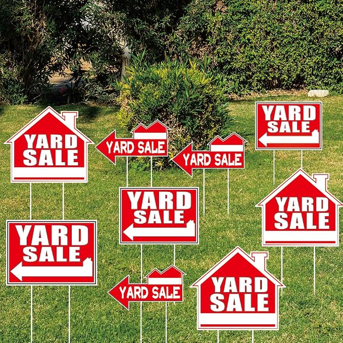 SUPERDANT 9Pcs Yard Sale Yard Sign with 18 Stakes Courtyard Auction Lawn Decorations Courtyard Sale Waterproof Sign Yard Outdoor Red and White Lawn Decorative Sign for Garden Lawn Decoration