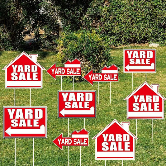 SUPERDANT 9Pcs Yard Sale Yard Sign with 18 Stakes Courtyard Auction Lawn Decorations Courtyard Sale Waterproof Sign Yard Outdoor Red and White Lawn Decorative Sign for Garden Lawn Decoration