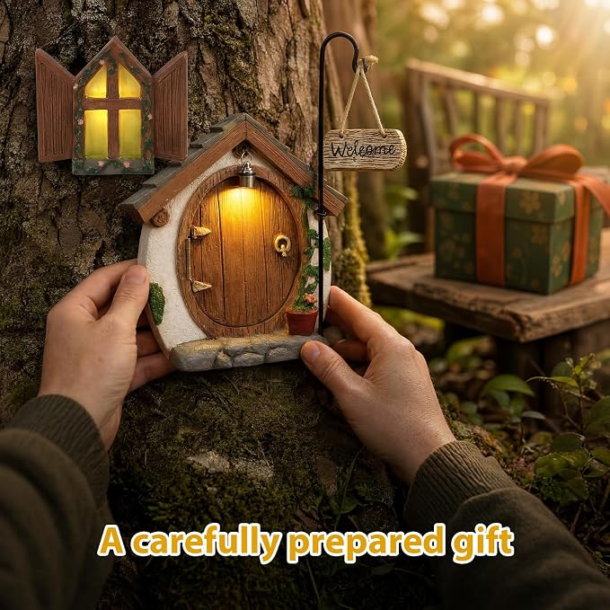 Fairy Doors for Trees with Light, Fairy Garden Accessories for Outdoor Decor, Fairy Garden Houses Kit for Front Porch Patio Backyard Yard Outside Decoration, Birthday Gifts for Women Families Friends