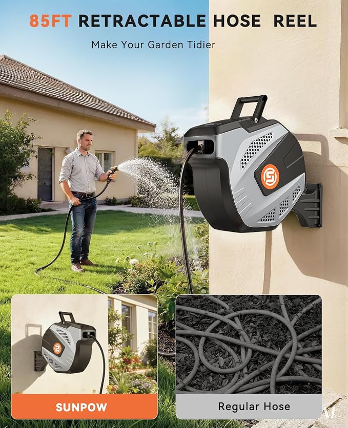 SUNPOW Retractable Garden Hose Reel - 1/2 inch x 85ft Heavy Duty Wall Mounted Hose Reel with 3/4 inch Brass Fitting & 10 Sprayer Nozzle - Any Length Lock, Auto Rewind System, 180°Swivel Bracket- Grey
