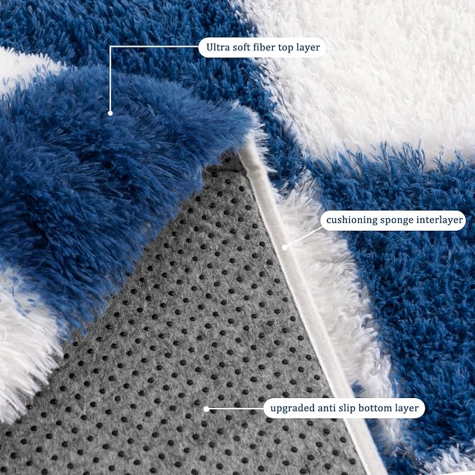Checkered Rugs for Bedroom, 4x6 Navy and White Ultra Fluffy Fuzzy Shag Area Rug for Living Room, Modern Plush Soft Upgrade Non-Slip Carpet for Kids Girls and Boys Room Dorm Nursery Home Decor