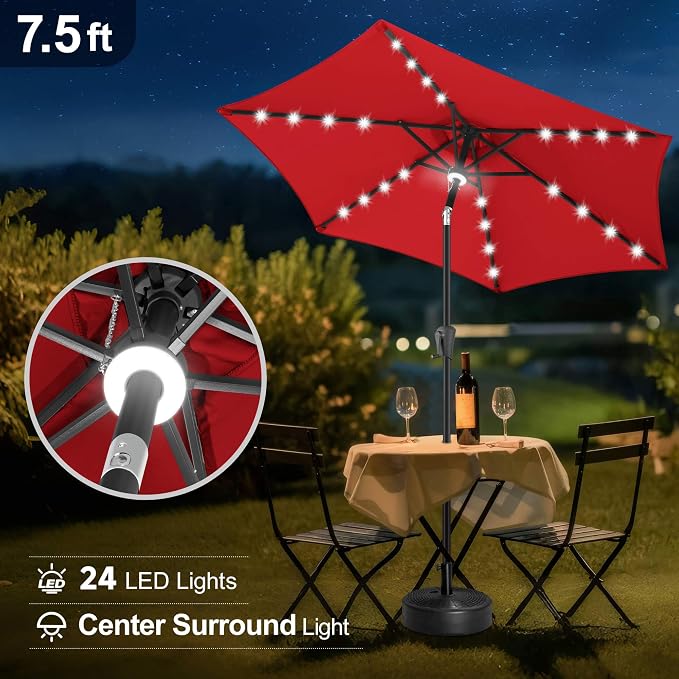 FLAME&SHADE 7.5 FT Solar Light Patio Umbrella, 24 LED Lights Outdoor Umbrella with Centre Surround Light, Table Umbrella Outdoor Patio for Deck, Pool, Backyard, Garden, UV Protection (Red)