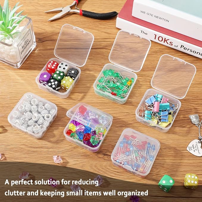 SATINIOR 100 Pcs Clear Plastic Beads Storage Containers Box Small Clear Boxes with Hinged Lid Plastic Arts Case Mini Square Crafts Storage Organizers for Small Items (2.1 x 2.1 x 0.8 Inch)