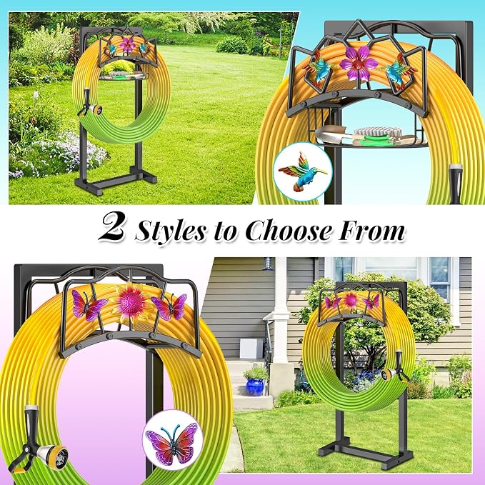 Garden Hose Holder, Heavy Duty Metal Water Hose Holders Stand with 4 Spikes, Freestanding Outdoor Water Pipe Storage Rack Hanger 150ft for Outside Yard Lawn Decor