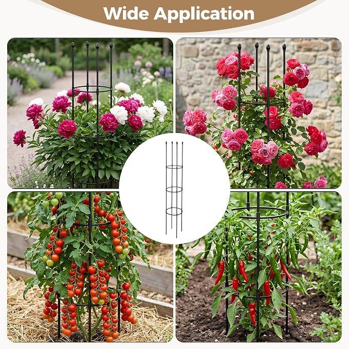 2PCS Peony Cages, 10.6" Dx60 H Peony Cages and Supports, 3 Tier Stackable Plant Support Ring, Metal Core with Plastic Coated Stakes for Peonies Tomatoes Roses Climbing Plants