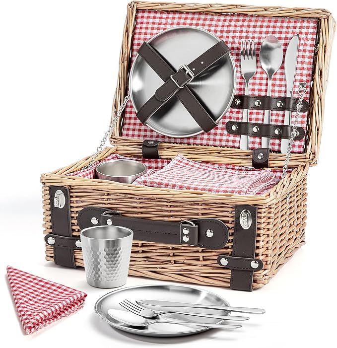 Picnic Basket Set for 2, Wicker Picnic Baskets with Waterproof Blanket and Cutlery Service Kit, Willow Hamper for Camping, Outdoors, Valentine's Day, Christmas, Birthday, Wedding Gift