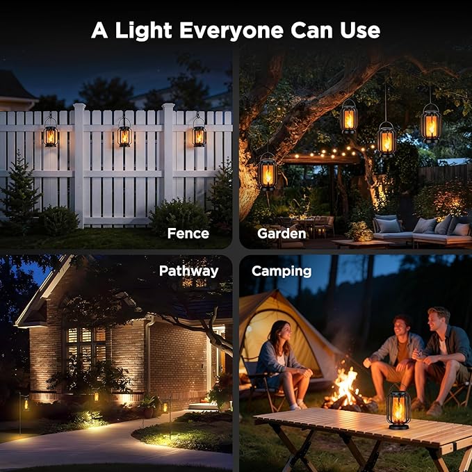 Hompavo Gen2 Solar Lanterns Outdoor Lights with Ultra-Real Flame, 2 Charging (USB/Solar) & 4 Modes - Waterproof Decorative Hanging/Table Lights for Pathway Yard Patio Garden Decor Gifts for Women, 4
