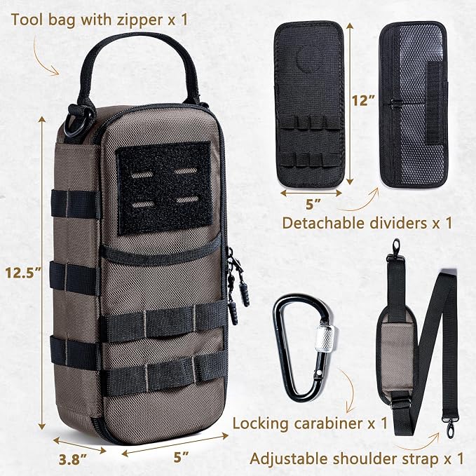 Heavy Duty Small Tool Bags for Men with Carabiner,Tactical Tool Pouch Bag,Portable Utility Tools Storage Organizer Case with Shoulder Strap for EDC,Motorcycle,Camping, Road Trip, Electricians