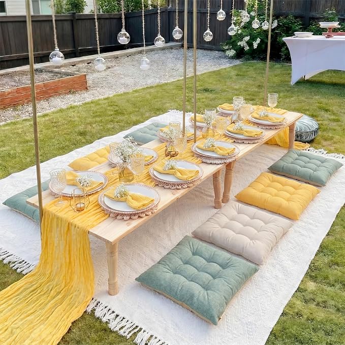 Extra Large Outdoor Picnic Blanket with Table Runner and Floor Pillow Cushion for Picnic Wedding Birthday Baby Shower Backyard Decor(91 x 71'',Light Beige,Yellow,Green,8 Pcs)