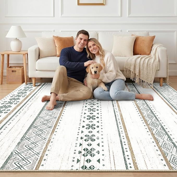 8x10 Washable Area Rugs for Living Room Boho Bedroom Rug Green/Brown | Vacuum Friendly, Machine Washable, Non-Slip Rug, Stain Resistant, Moroccan Geometric, Low Pile Carpet, Dining Room Kitchen