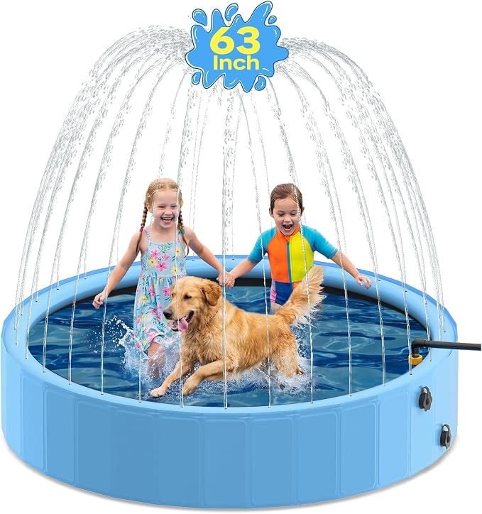 63'' Kiddie Pool with Sprinkler, Dog Pools for Large Dogs, Foldable 2-in-1 Non-Slip Swimming Pool for Dogs & Kids, Heavy Duty Hard Plastic Pet Bathing Tub for Outdoor Backyard, Blue | 2-in-1 non-slip dog pool, rigid dog pool ideal for use in a garden