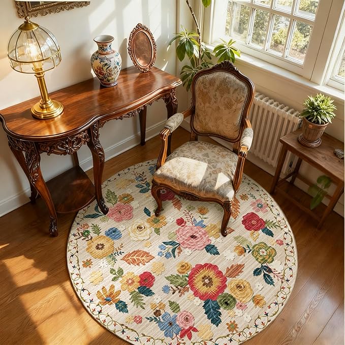 4ft Washable Round Rugs for Bedroom: Circle Living Room Rug Floral Vintage Non Slip Low Pile Soft Faux Wool Non Shedding Small Circular Rug for Kitchen Entryway Bathroom Bedside Office Dorm Kids Room