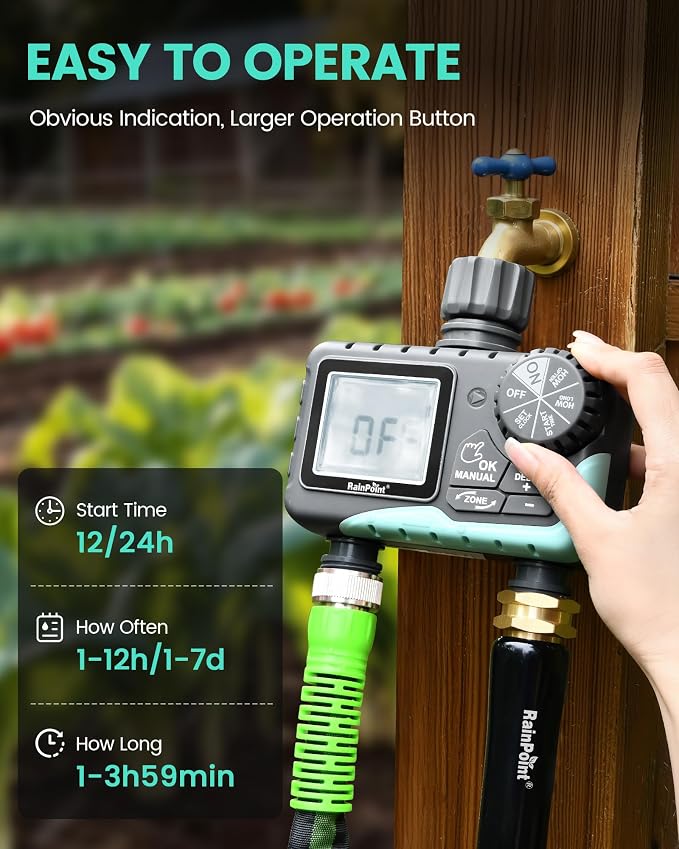 RAINPOINT Sprinkler Timer 2 Outlet, Water Timer for Garden Hose, Programmable Drip Irrigation for Yard Outdoor Watering, Rain Delay/Manual/Automatic System Controller 2.5" LCD, V2