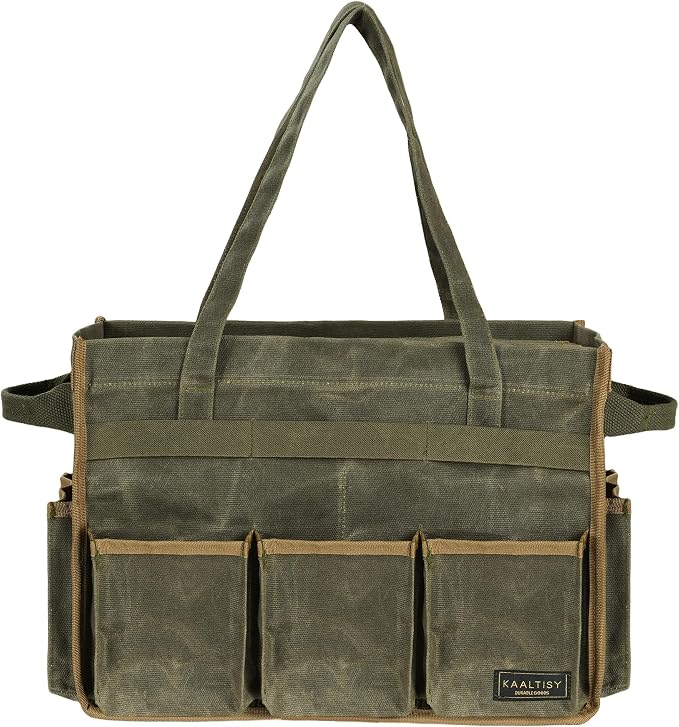 Tool Bag, Heavy Duty 16oz Waxed Canvas Garden Tool Organizer Tote with Reinforced Bottom, Large Capacity & 11 Slots, Dual Handles Tool Carrier for Gardening Carpentry DIY Tools | Army Green