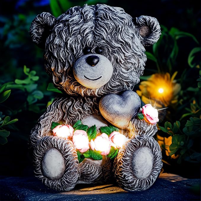 YDKOJGW Solar Garden Outdoor Statues Bear with Heart and Pink Flower and 5 LED Lights-Lawn Decor Bear Statue for Patio, Balcony, Yard Ornament-Unique Housewarming Gifts for Mom, Women