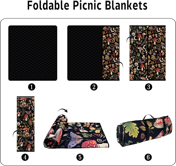 Supfitness Extra Large Picnic Blankets Waterproof Foldable (80"x 80") Mushroom Beach Blanket Waterproof Sandproof,3-Layer Thicking Mat Outdoor Packable Camping Blanket