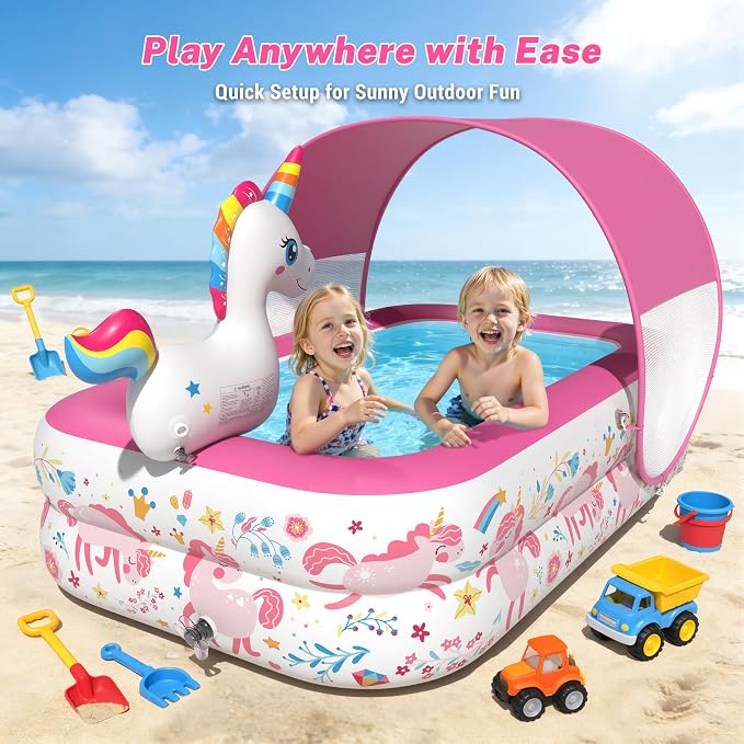 JOSEN Unicorn Kiddie Pool with Canopy and Sprinkler, Inflatable Baby Pool with Soft Cushioned Floor, Portable Toddler Pool Ball Pit for Backyard, Outdoor/Indoor Play Toys Girls Birthday Gift(Pink)