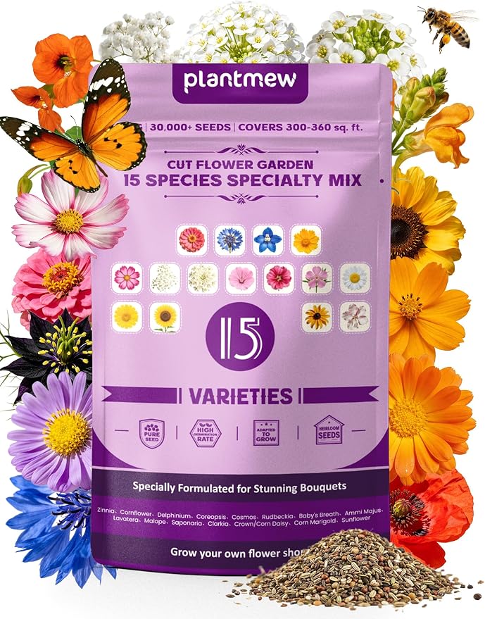 Cut Flower Seeds Mix – 15 Heirloom Varieties, 10,000+ Seeds for Outdoor Planting, High Germination, Long Vase Life (Zinnia, Sunflower, Cosmos) – Covers 120 sq.ft. – Florist Curated for Bouquets