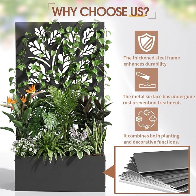 VINGLI 44" H Metal Raised Garden Bed with Trellis, Outdoor Planter Box for Climbing Vegetables, Fruits and Flowers, Privacy Screen, for Backyard, Patio, Balcony, Black (Tree)