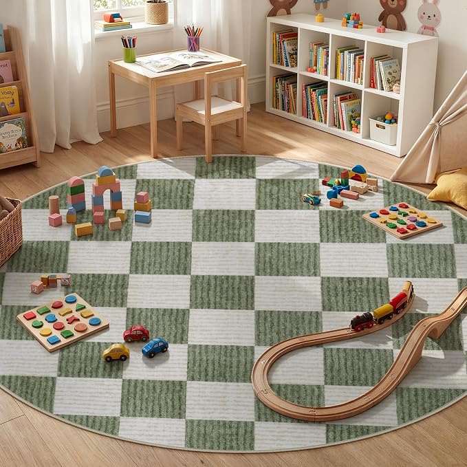 LIVEBOX Checkered Round Rug 6 Ft Washable Area Rug for Playroom Classroom, Kids Non-Slip Neutral Classic Circle Rug Geometric Large Carpet Soft Boys Nursery Rug for Dorm Bedroom(Sage Green,180R)