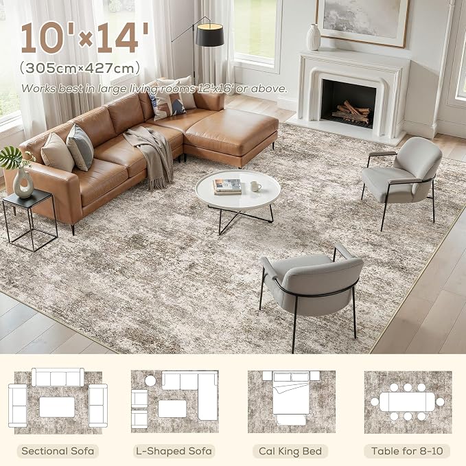 Nakagishi 10X14 Abstract Washable Area Rugs for Living Room-Brown | Modern Non-Slip Silicone Backing Low Pile Soft Carpet for Bedroom Dining Decor Ideal for Families with Kids and Pets