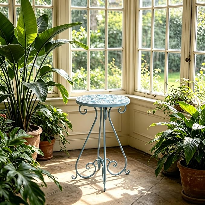 Outdoor Side Table & Mosaic Ceramic Plant Stand, 14" Metal Round End Table for Garden Home Patio Yard Porch Patio Decor Weather Resistant Outside Accent End Furniture (Flower#1)