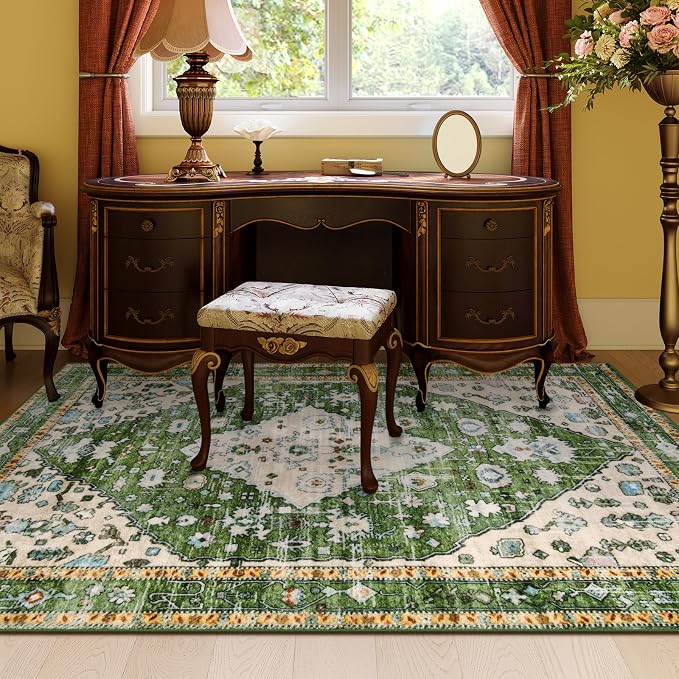 Lahome Felice Boho Tribal Area Rug - 4x6 Green Machine Washable Bedroom Rugs for Living Room, Disstressed Soft Non Slip Indoor Nursery Floor Mat Carpet for Kitchen Table Home Office Camper RV Bar