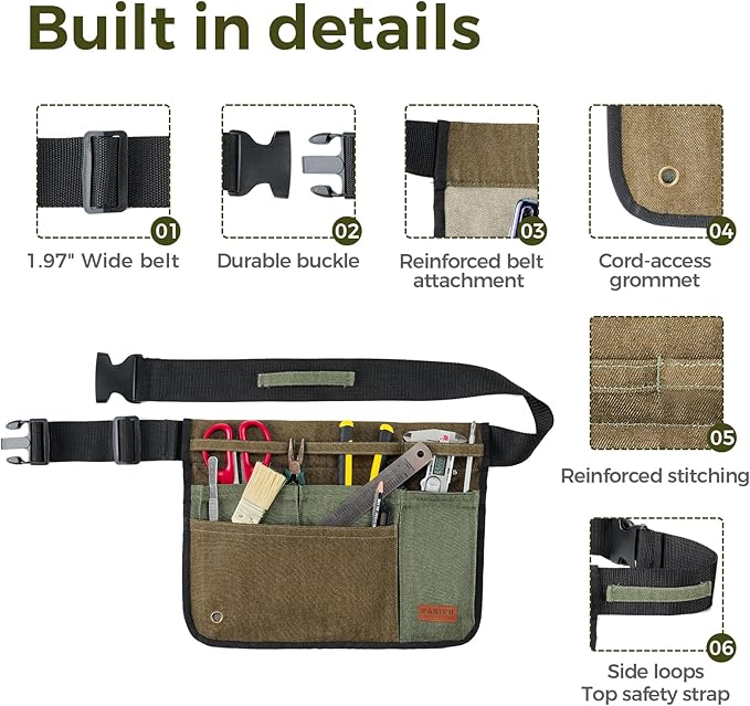 Garden Tool Belt for Women & Men, Wide Denim Garden Apron with 5 Pockets, Adjustable Utility Tool Pouch for Gardening, Florist, DIY & Craft, Green