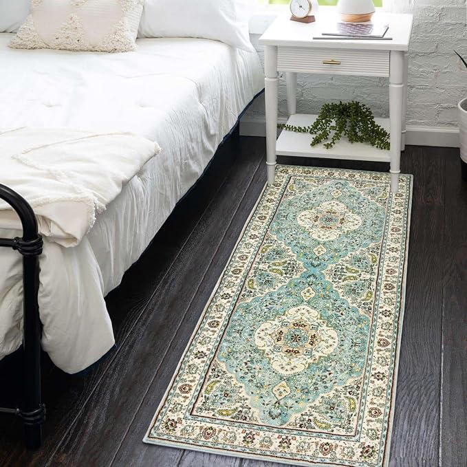 Lahome Felice Floral Medallion Runner Rug - 2x5 Laundry Rug Runner Soft Non-Slip Washable Low-Pile Bathroom Mat, Indoor Throw Floor Carpet Runners for Kitchen Entryway Bedroom RV, Sky/Baby Blue