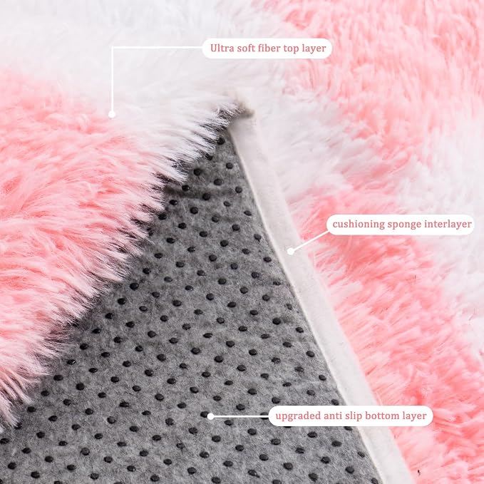 Checkered Rug 9x12 for Living Room, Ultra Fluffy Fuzzy Shag Large Area Rug for Bedroom, Modern Plush Soft Upgrade Non-Slip Carpet for Kids and Girls Room Dorm Home Decor, Pink and White