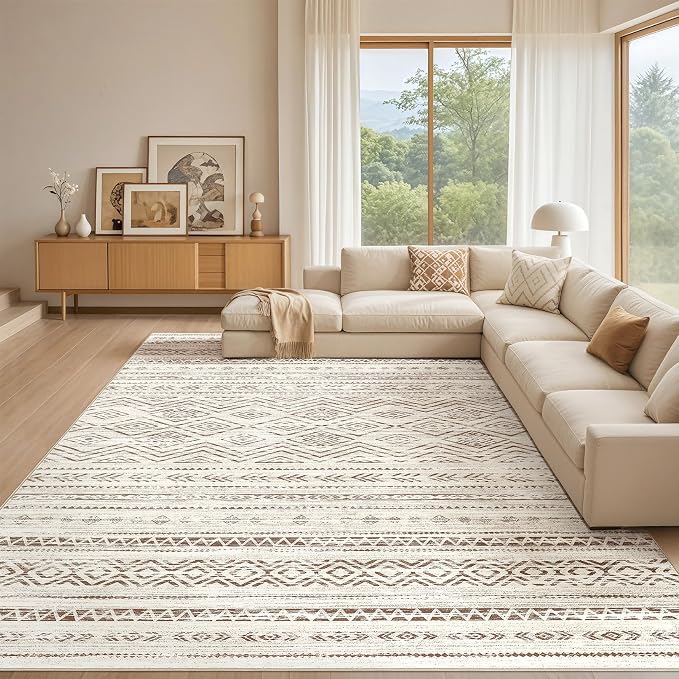 Tortania Area Rug Living Room Rugs - 10x14 Washable Large Soft Neutral Boho Moroccan Bohemian Farmhouse Rug Indoor Floor Carpet for Bedroom Under Dining Table Home Office Decor - Brown