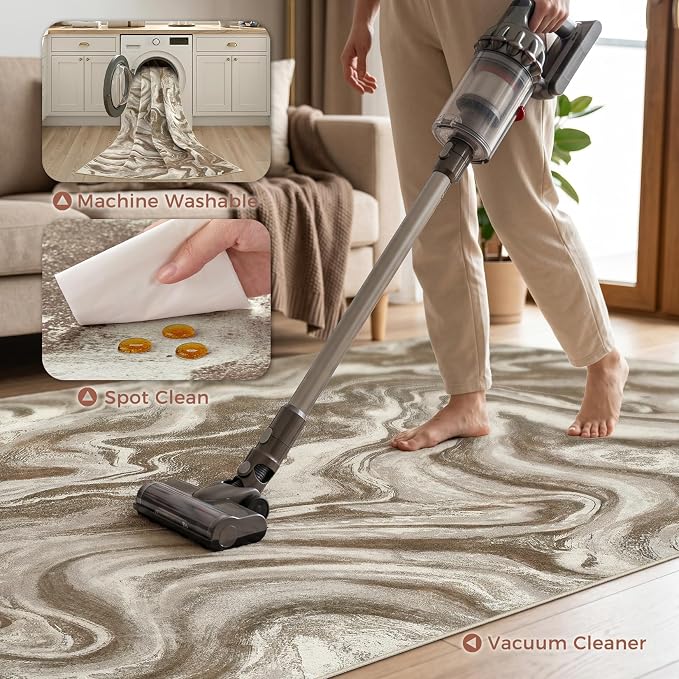 DMOYEST 6x9 Area Rug for Living Room Washable Abstract Indoor Carpet | Neutral Modern Low Pile Rugs Kid & Pet Friendly Soft Thin Carpet for Bedroom Dining Room and Office - Sand Brown