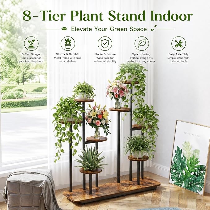 8-Tier Plant Stand Indoor, Plant Stands for Indoor Plants Multiple, Corner Plant Shelf for Living Room, Tiered Plant Holder, Metal Plant Table | Sturdy wood structure, space-saving corner design. Multi-layer rack holds multiple potted plants,ideal for ...