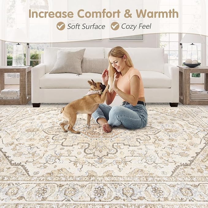 Area Rugs 6x9 Vintage Rug: Washable Living Room Rug Retro Medallion Distressed Large Soft Low Pile Non-Slip Indoor Floor Carpet for Bedroom Kitchen Nursery Dining Table Office (BeigeBrown, 6'x9')