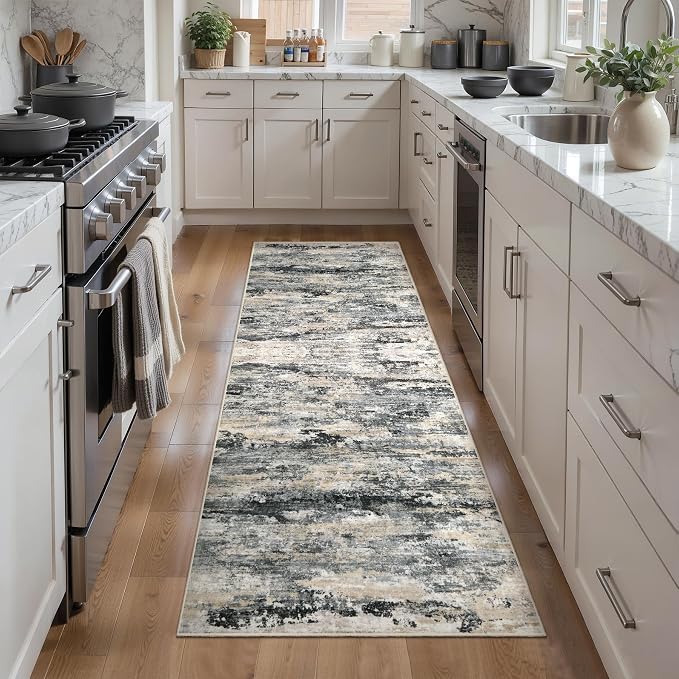 Tangsoo Grey 2x6 Washable Runner Rug, Abstract Non Slip Runner Rugs for Hallway, Modern Contemporary Indoor Soft Low Pile Rug Print Carpet Runners for Laundry Entryway Bedroom Kitchen Living Room