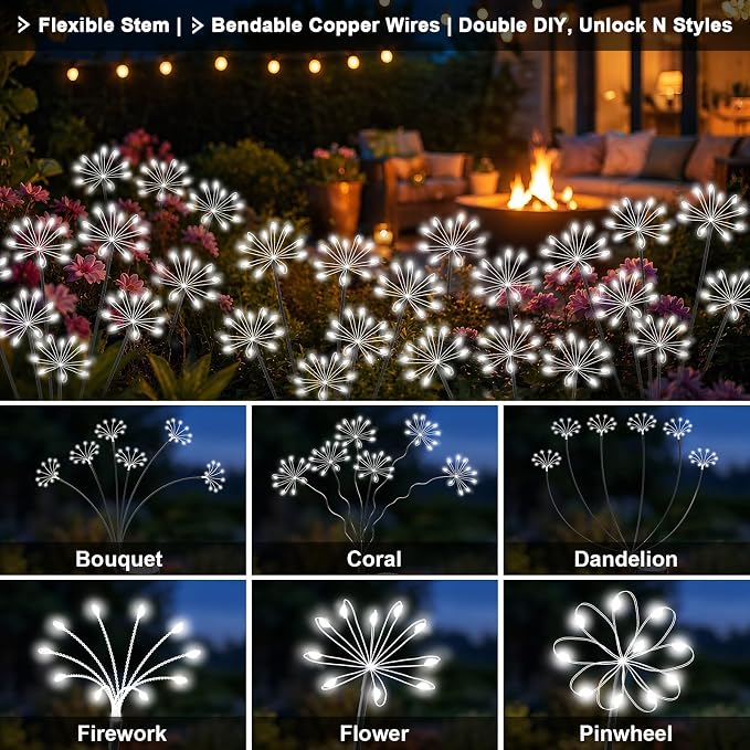 Solar Garden Lights Outdoor, Upgraded Solar Swaying Starburst Light Waterproof with 2 Modes, Solar Fairy Firework Lights for Yard Patio Pathway Flowerbed Balcony Garden Decoration (White, 4 Pack)