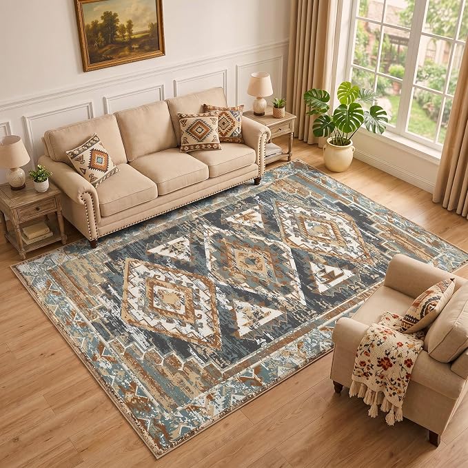 Washable 5x7 Area Rug for Living Room, Rustic Farmhouse Low-Pile Non-Slip Carpet, Stain Resistant Vintage Southwestern Rug for Bedroom Office Dining Room, Blue Rust Ivory