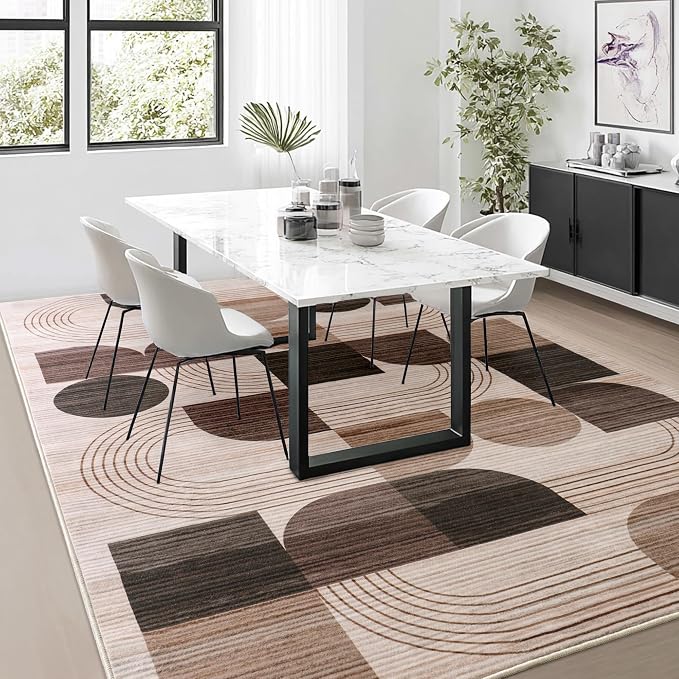 Soft Modern Geometric Abstract Large Machine Washable 9x12 Area Rug | Brown Rugs for Bedroom Living Room, Non-Shedding Faux Wool Indoor Throw Floor Carpet for Office Entryway Dining Room Decor
